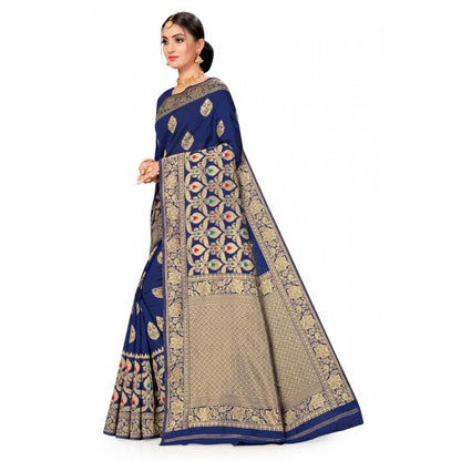 Generic Women's Banarasi Silk Designer Weaving Saree With Unstitched Blouse (Blue, 5.50 Mtrs)