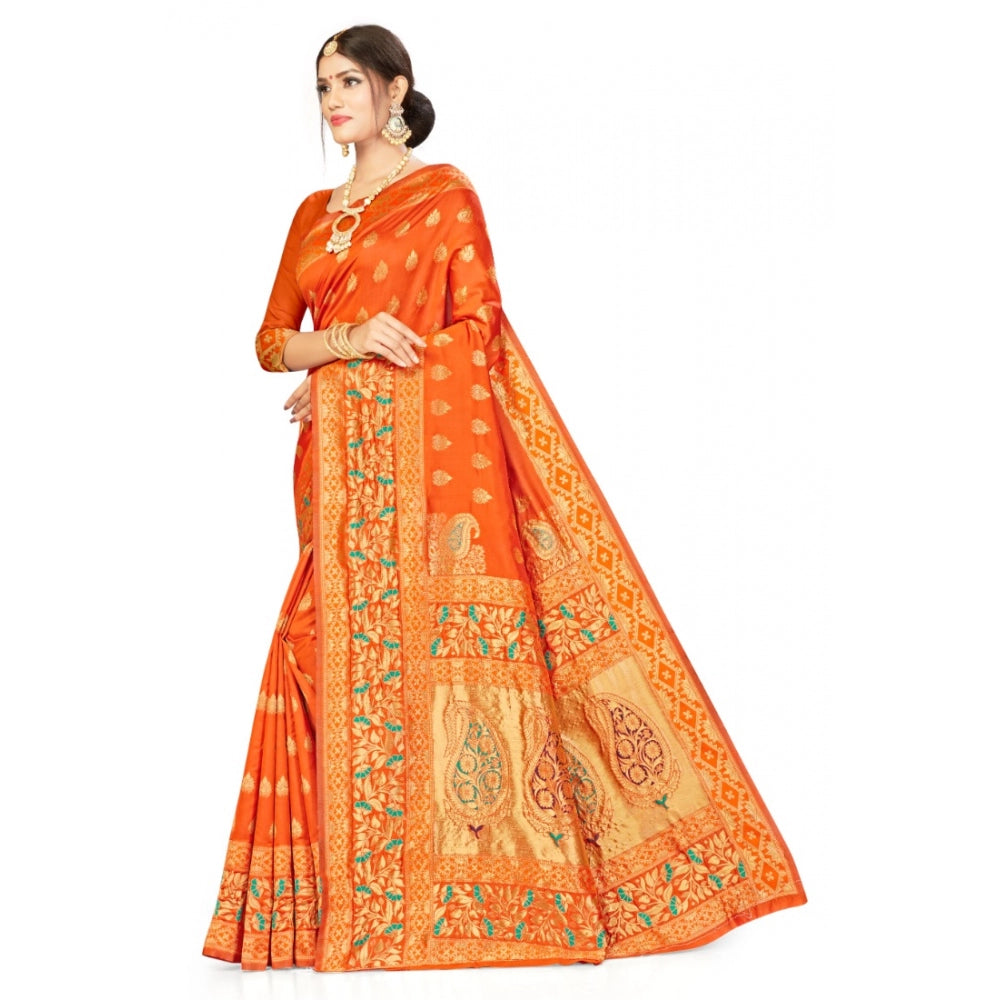 Generic Women's Banarasi Silk Designer Weaving Saree With Unstitched Blouse (Orange, 5.50 Mtrs)