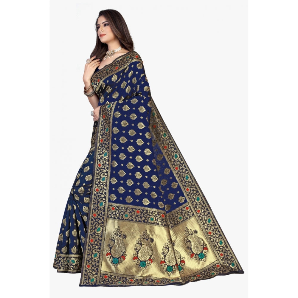 Generic Women's Banarasi Silk Designer Weaving Saree With Unstitched Blouse (Blue, 5.50 Mtrs)