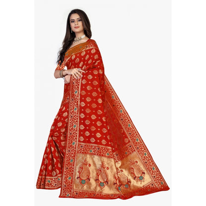 Generic Women's Banarasi Silk Designer Weaving Saree With Unstitched Blouse (Red, 5.50 Mtrs)