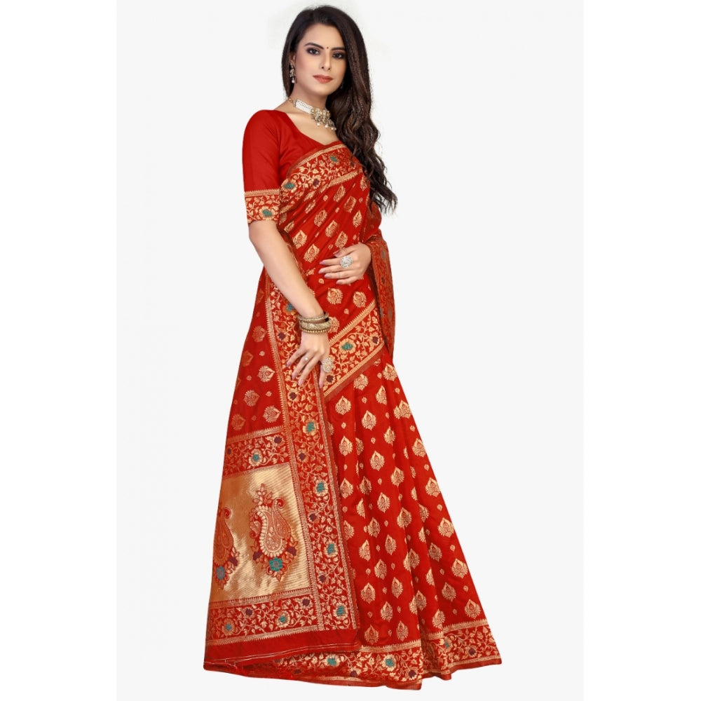 Generic Women's Banarasi Silk Designer Weaving Saree With Unstitched Blouse (Red, 5.50 Mtrs)