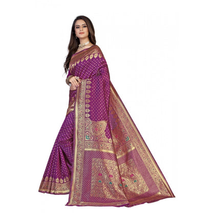 Generic Women's Banarasi Silk Designer Weaving Saree With Unstitched Blouse (Purple, 5.50 Mtrs)