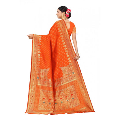 Generic Women's Banarasi Silk Designer Weaving Saree With Unstitched Blouse (Orange, 5.50 Mtrs)