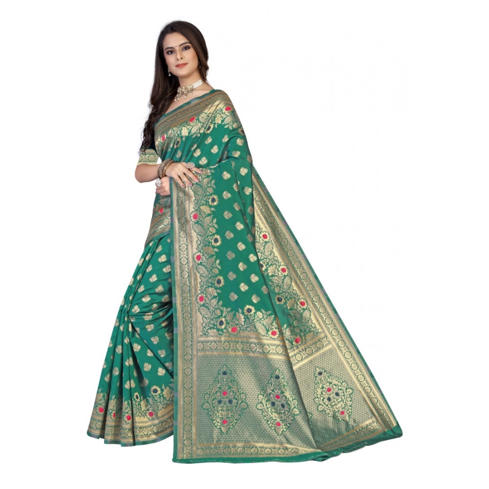 Generic Women's Banarasi Silk Designer Weaving Saree With Unstitched Blouse (Green, 5.50 Mtrs)