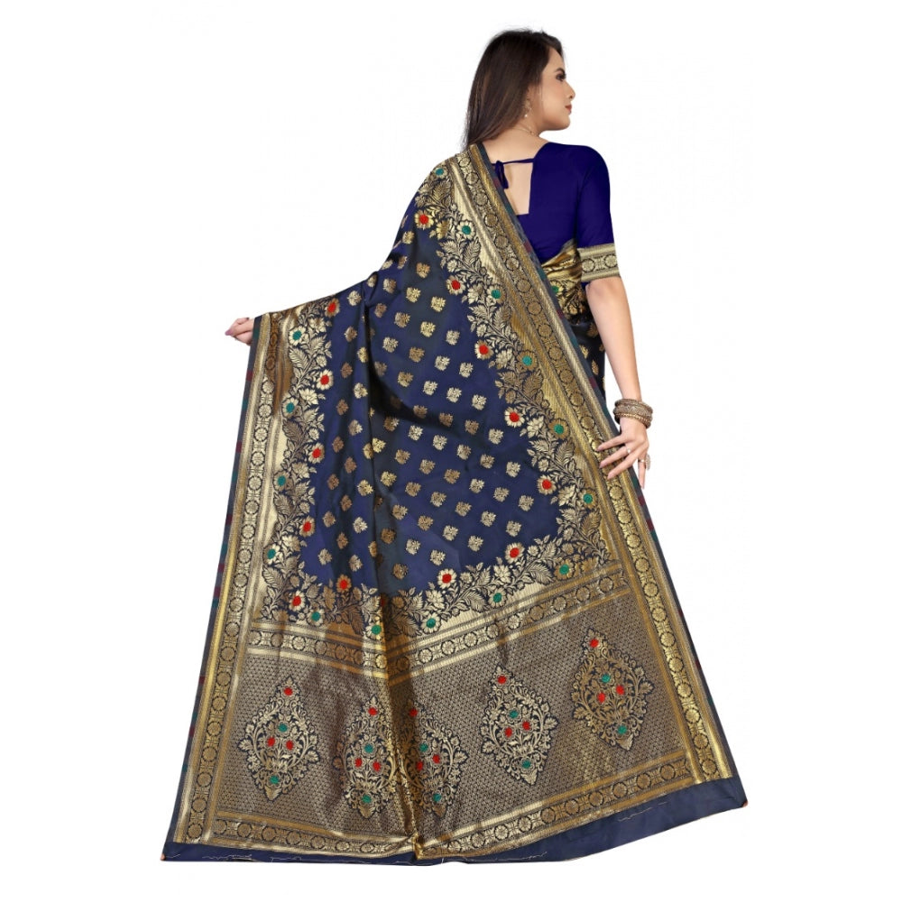 Generic Women's Banarasi Silk Designer Weaving Saree With Unstitched Blouse (Blue, 5.50 Mtrs)