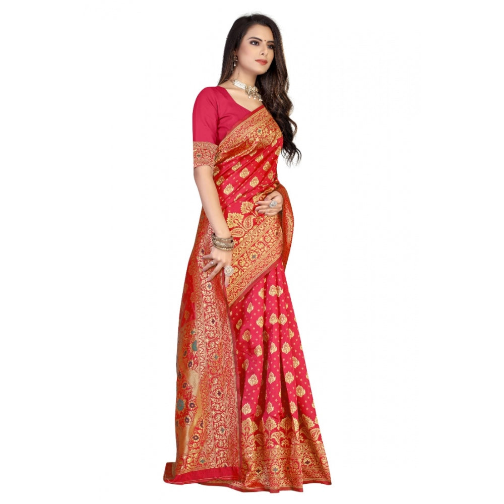 Generic Women's Banarasi Silk Designer Weaving Saree With Unstitched Blouse (Red, 5.50 Mtrs)