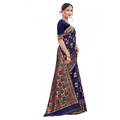 Generic Women's Banarasi Silk Designer Weaving Saree With Unstitched Blouse (Blue, 5.50 Mtrs)