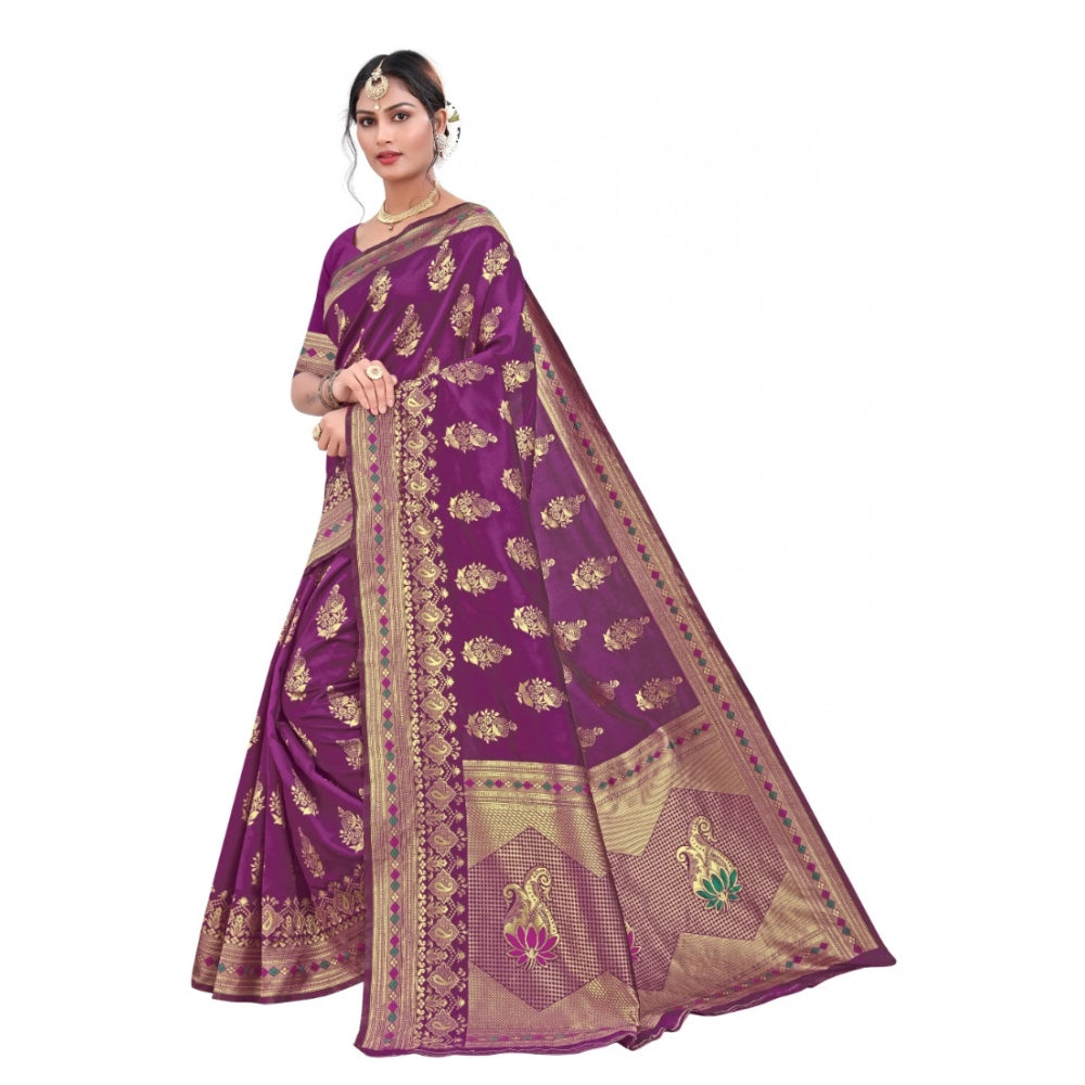 Generic Women's Banarasi Silk Designer Weaving Saree With Unstitched Blouse (Purple, 5.50 Mtrs)