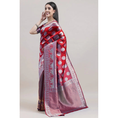 Generic Women's Kanjivaram Silk Designer Weaving Saree With Unstitched Blouse (Red &amp; Blue, 5.50 Mtrs)