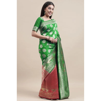 Generic Women's Kanjivaram Silk Designer Weaving Saree With Unstitched Blouse (Green &amp; Red, 5.50 Mtrs)