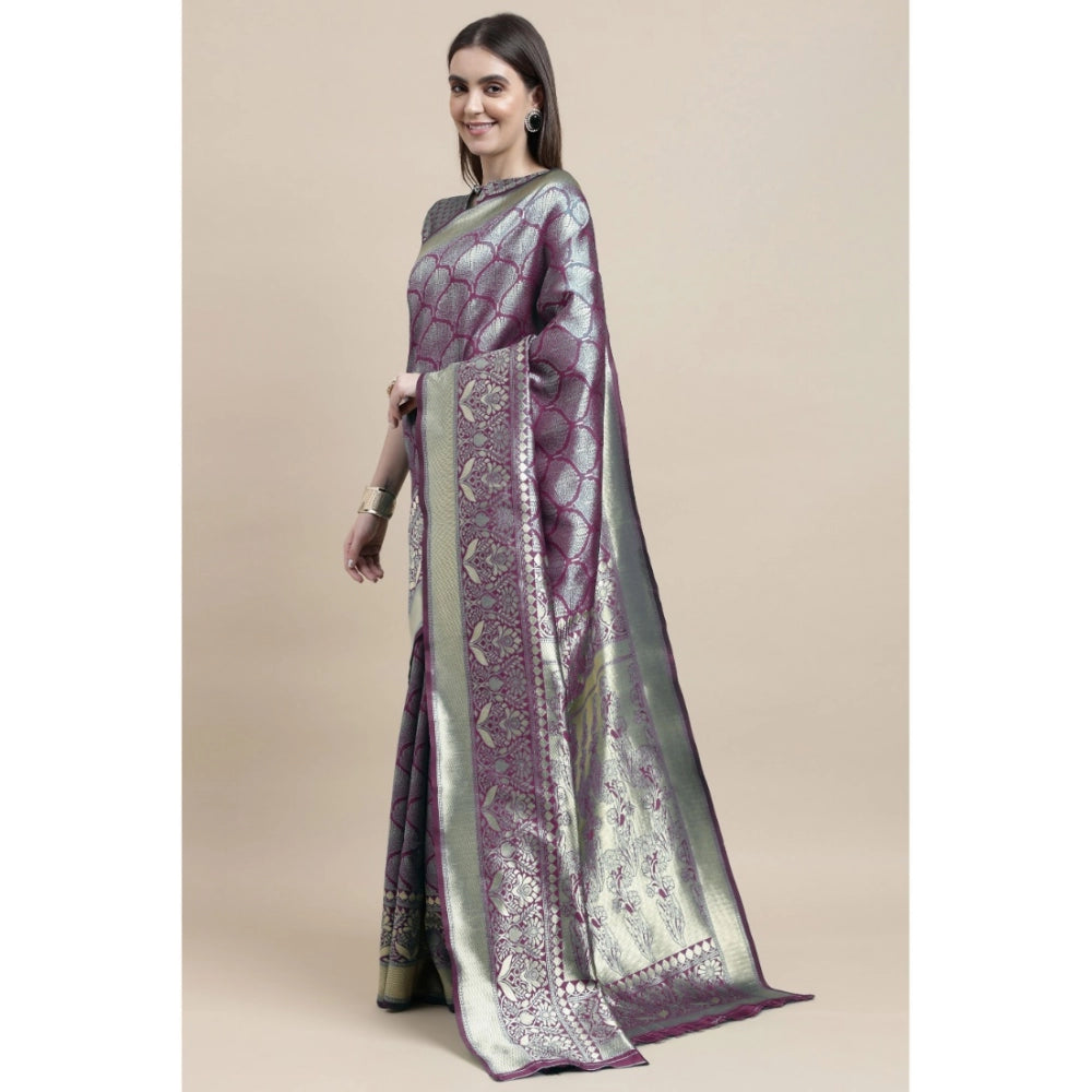 Generic Women's Banarasi Silk Designer Weaving Saree With Unstitched Blouse (Purple, 5.50 Mtrs)