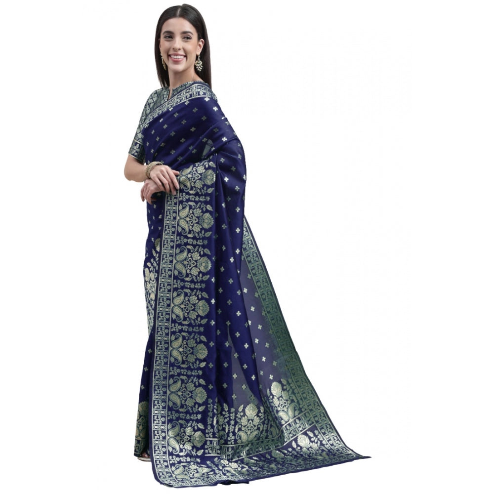 Generic Women's Banarasi Silk Designer Weaving Saree With Unstitched Blouse (Blue, 5.50 Mtrs)