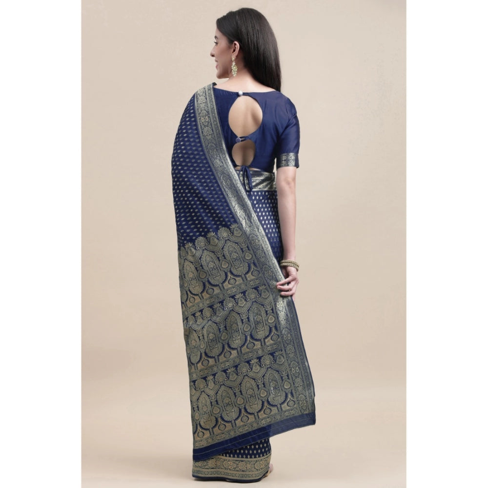 Generic Women's Kanjivaram Silk Designer Weaving Saree With Unstitched Blouse (Blue, 5.50 Mtrs)