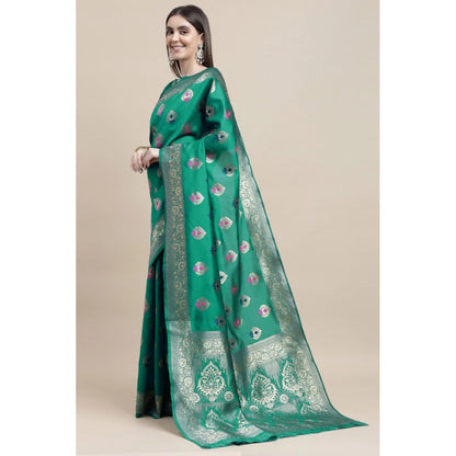 Generic Women's Kanjivaram Silk Designer Weaving Saree With Unstitched Blouse (Green, 5.50 Mtrs)