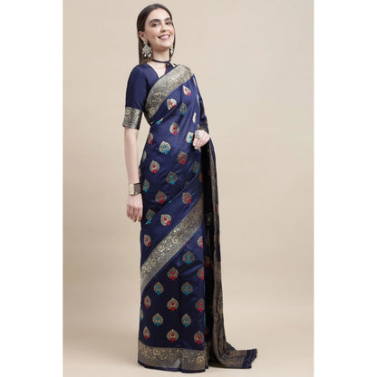 Generic Women's Kanjivaram Silk Designer Weaving Saree With Unstitched Blouse (Blue, 5.50 Mtrs)