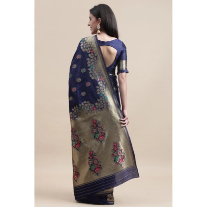 Generic Women's Kanjivaram Silk Designer Weaving Saree With Unstitched Blouse (Blue, 5.50 Mtrs)