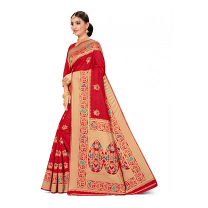 Generic Women's Banarasi Silk Designer Weaving Saree With Unstitched Blouse (Red, 5.50 Mtrs)