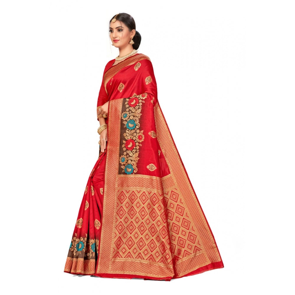 Generic Women's Banarasi Silk Designer Weaving Saree With Unstitched Blouse (Red, 5.50 Mtrs)