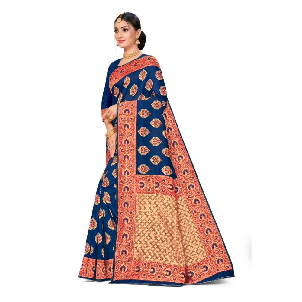 Generic Women's Banarasi Silk Designer Weaving Saree With Unstitched Blouse (Blue, 5.50 Mtrs)