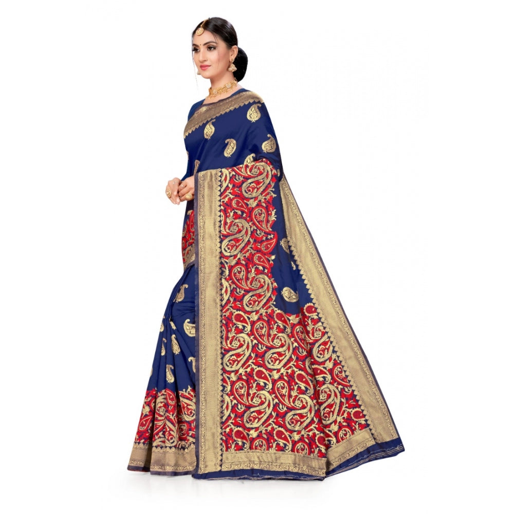 Generic Women's Banarasi Silk Designer Weaving Saree With Unstitched Blouse (Blue, 5.50 Mtrs)