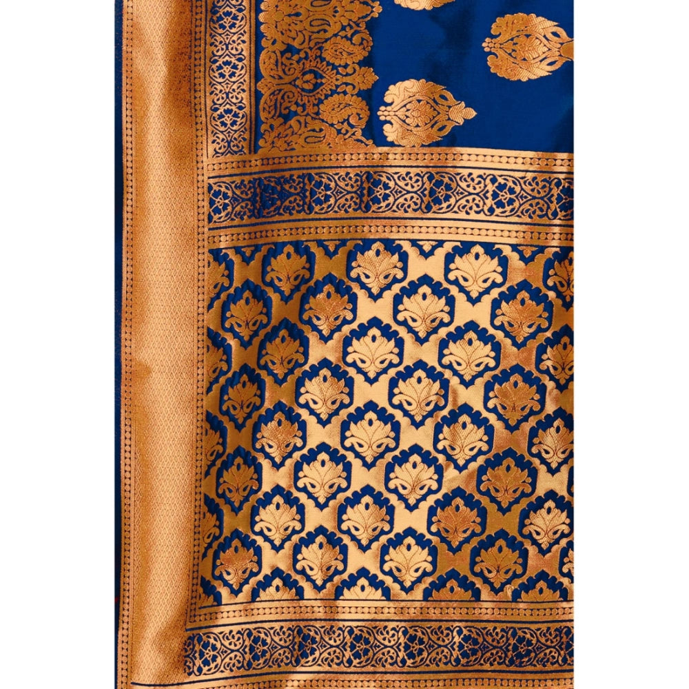 Generic Women's Banarasi Silk Designer Weaving Saree With Unstitched Blouse (Blue, 5.50 Mtrs)