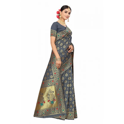 Generic Women's Banarasi Silk Designer Weaving Saree With Unstitched Blouse (Grey, 5.50 Mtrs)