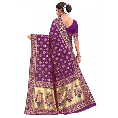 Generic Women's Banarasi Silk Designer Weaving Saree With Unstitched Blouse (Purple, 5.50 Mtrs)