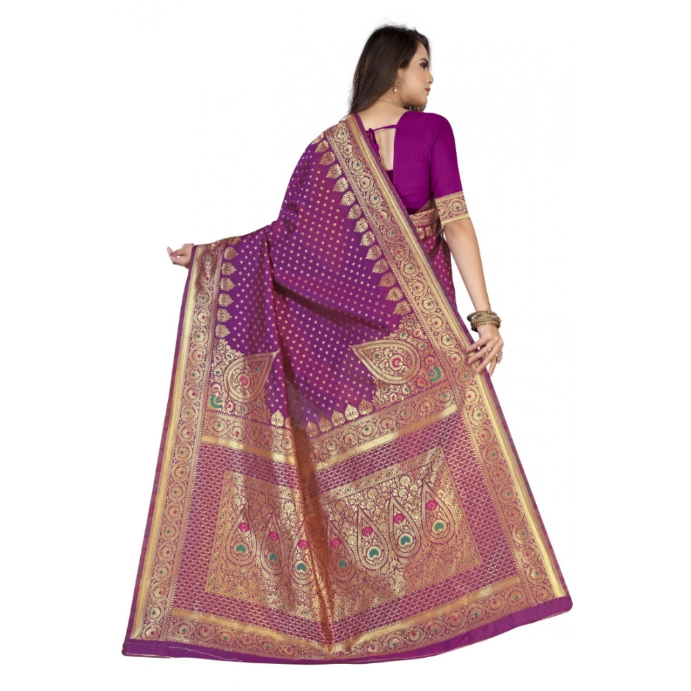 Generic Women's Banarasi Silk Designer Weaving Saree With Unstitched Blouse (Purple, 5.50 Mtrs)