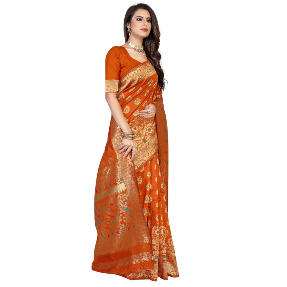 Generic Women's Banarasi Silk Designer Weaving Saree With Unstitched Blouse (Orange, 5.50 Mtrs)