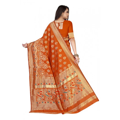 Generic Women's Banarasi Silk Designer Weaving Saree With Unstitched Blouse (Orange, 5.50 Mtrs)