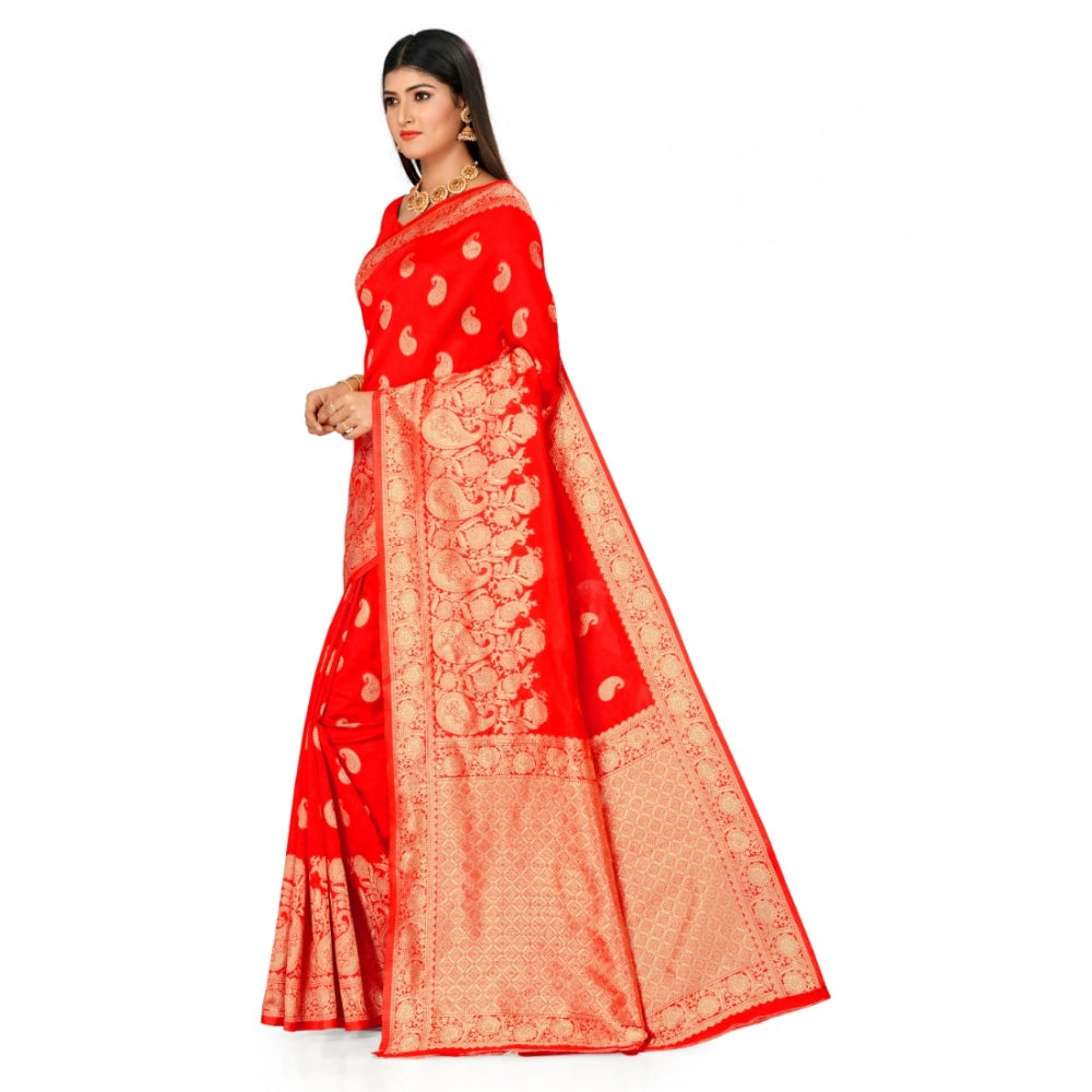 Generic Women's Banarasi Silk Designer Weaving Saree With Unstitched Blouse (Red, 5.50 Mtrs)