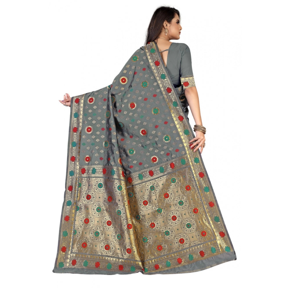 Generic Women's Banarasi Silk Designer Weaving Saree With Unstitched Blouse (Grey, 5.50 Mtrs)