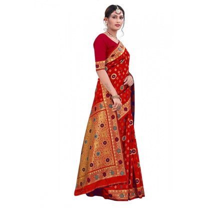 Generic Women's Banarasi Silk Designer Weaving Saree With Unstitched Blouse (Red, 5.50 Mtrs)