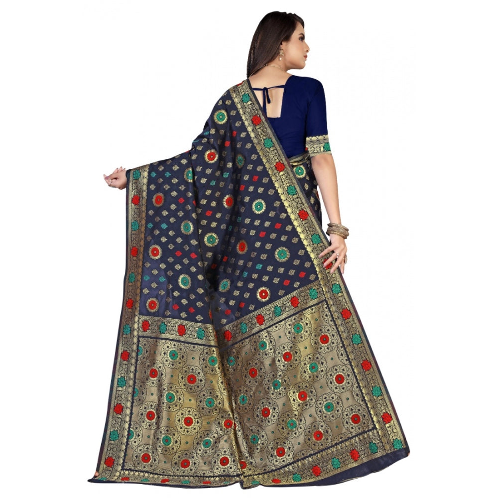 Generic Women's Banarasi Silk Designer Weaving Saree With Unstitched Blouse (Blue, 5.50 Mtrs)