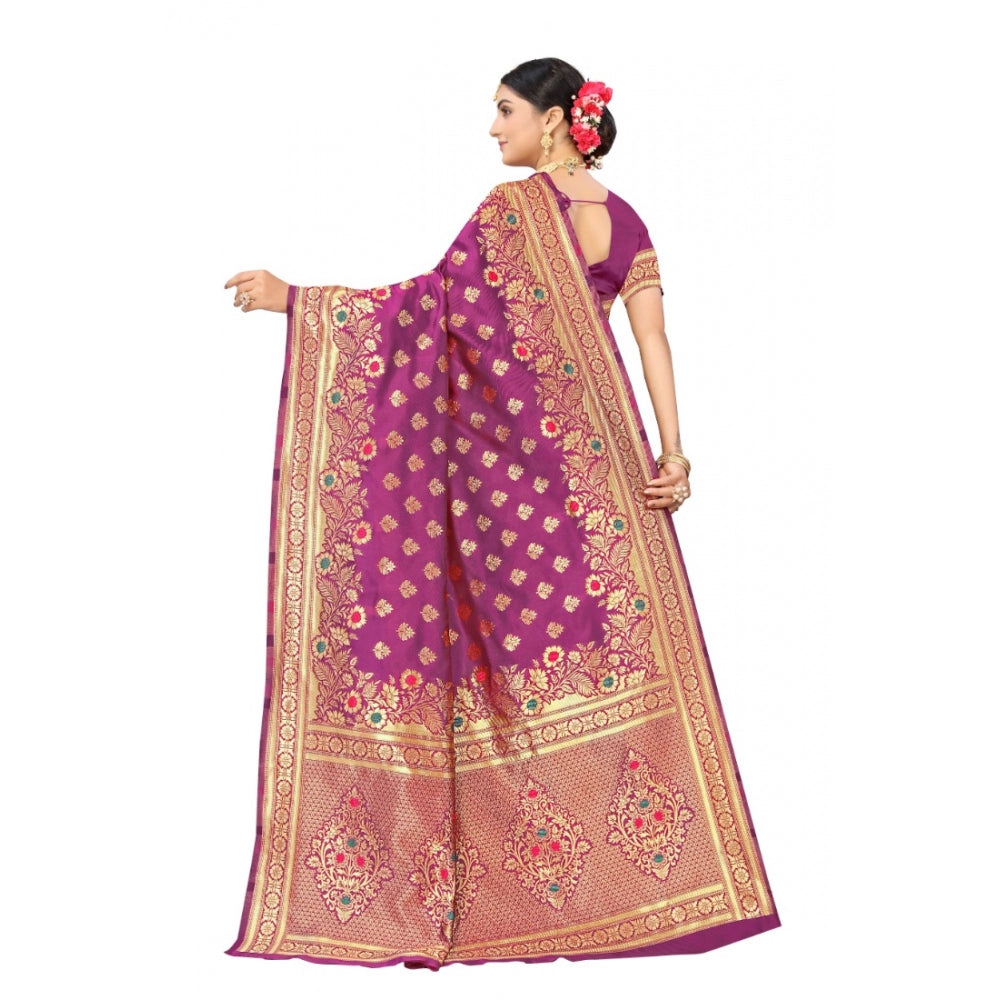 Generic Women's Banarasi Silk Designer Weaving Saree With Unstitched Blouse (Purple, 5.50 Mtrs)