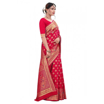 Generic Women's Banarasi Silk Designer Weaving Saree With Unstitched Blouse (Pink, 5.50 Mtrs)