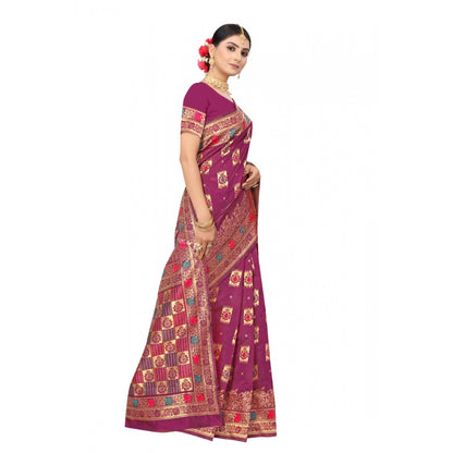 Generic Women's Banarasi Silk Designer Weaving Saree With Unstitched Blouse (Purple, 5.50 Mtrs)