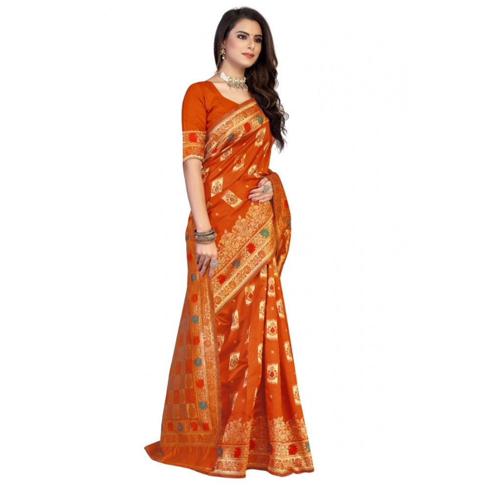 Generic Women's Banarasi Silk Designer Weaving Saree With Unstitched Blouse (Orange, 5.50 Mtrs)