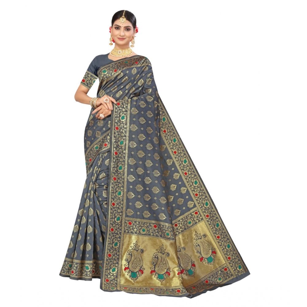 Generic Women's Banarasi Silk Designer Weaving Saree With Unstitched Blouse (Grey, 5.50 Mtrs)