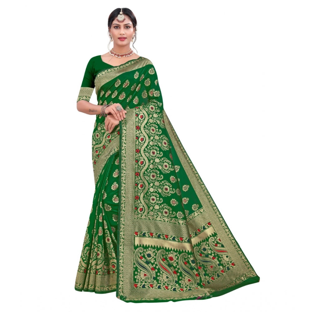 Generic Women's Banarasi Silk Designer Weaving Saree With Unstitched Blouse (Green, 5.50 Mtrs)