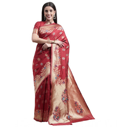 Generic Women's Kanjivaram Silk Designer Weaving Saree With Unstitched Blouse (Red, 5.50 Mtrs)