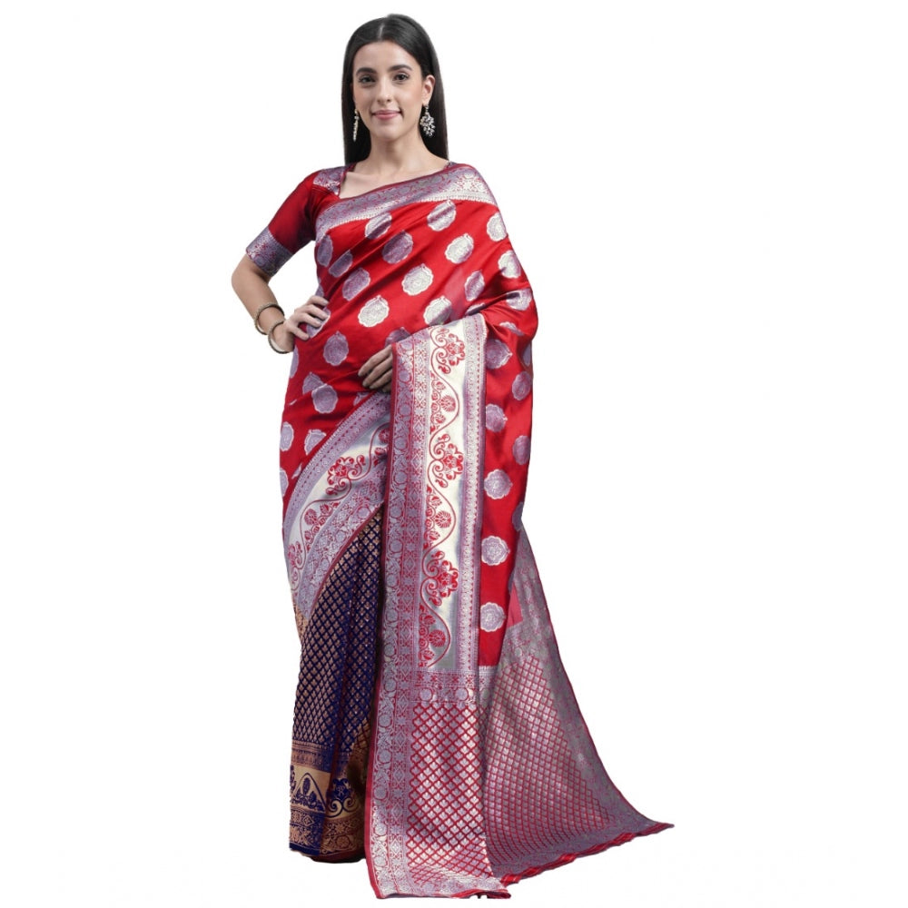 Generic Women's Kanjivaram Silk Designer Weaving Saree With Unstitched Blouse (Red &amp; Blue, 5.50 Mtrs)