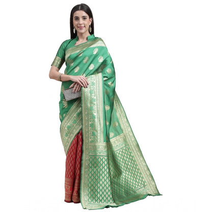 Generic Women's Kanjivaram Silk Designer Weaving Saree With Unstitched Blouse (Green &amp; Red, 5.50 Mtrs)