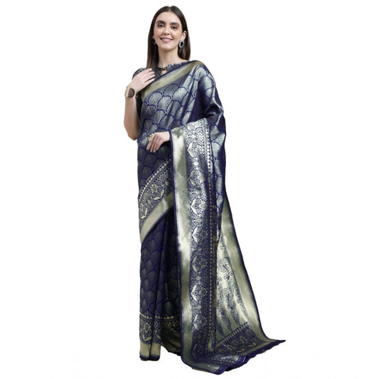 Generic Women's Banarasi Silk Designer Weaving Saree With Unstitched Blouse (Blue, 5.50 Mtrs)