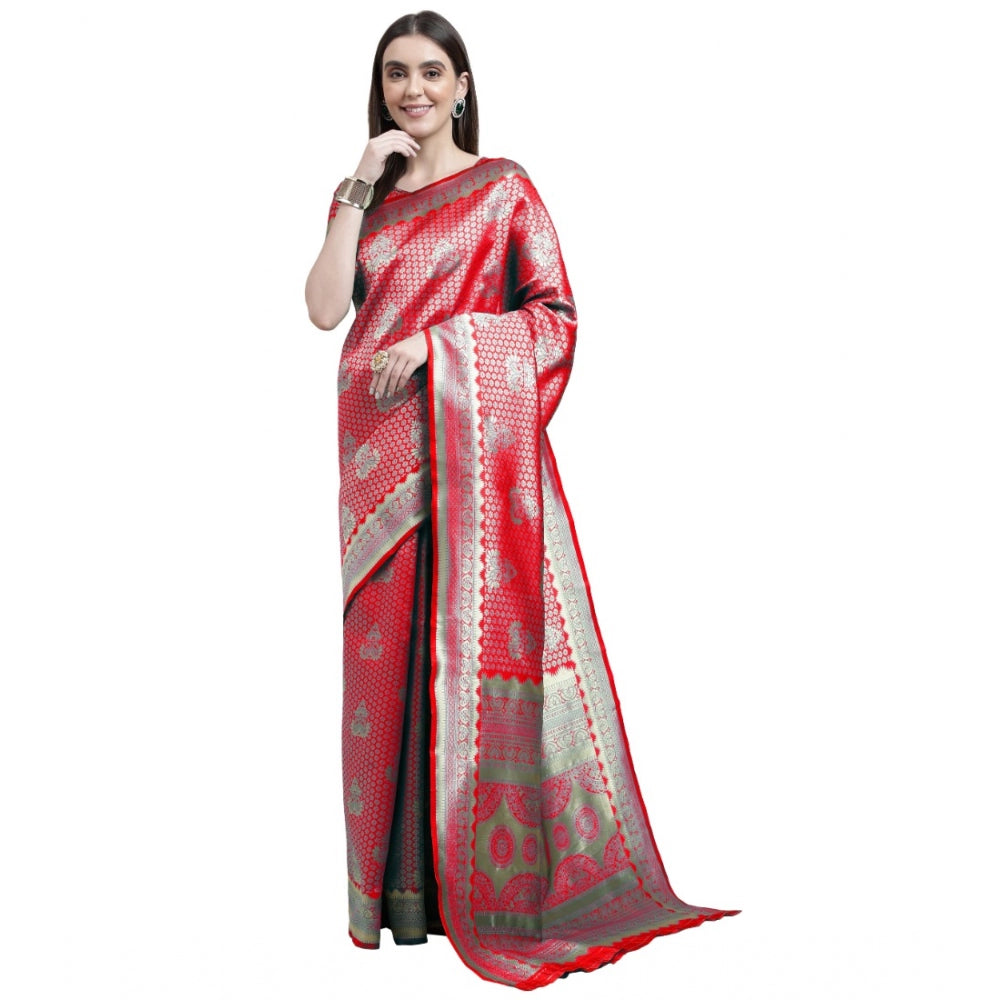 Generic Women's Banarasi Silk Designer Weaving Saree With Unstitched Blouse (Red, 5.50 Mtrs)