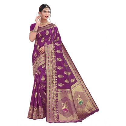 Generic Women's Banarasi Silk Designer Weaving Saree With Unstitched Blouse (Purple, 5.50 Mtrs)