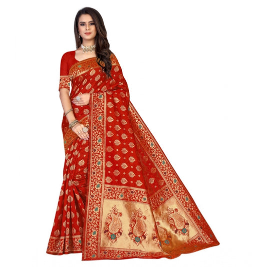 Generic Women's Banarasi Silk Designer Weaving Saree With Unstitched Blouse (Red, 5.50 Mtrs)