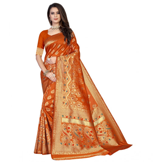 Generic Women's Banarasi Silk Designer Weaving Saree With Unstitched Blouse (Orange, 5.50 Mtrs)