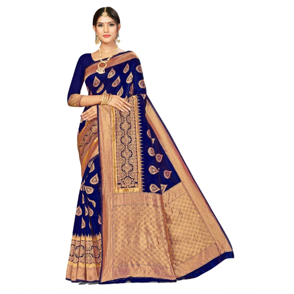 Generic Women's Banarasi Silk Designer Weaving Saree With Unstitched Blouse (Navy Blue, 5.50 Mtrs)