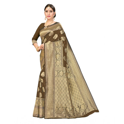 Generic Women's Banarasi Silk Designer Weaving Saree With Unstitched Blouse (Brown, 5.50 Mtrs)